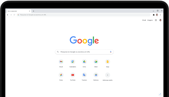 Canto superior esquerdo de um portátil Pixelbook Go com o ecrã a apresentar a barra de pesquisa de Google.com e as apps favoritas.