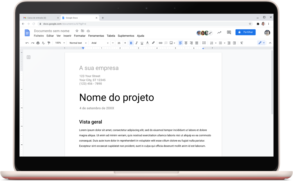 Ecrã do Google Docs a apresentar um modelo de projeto aberto.