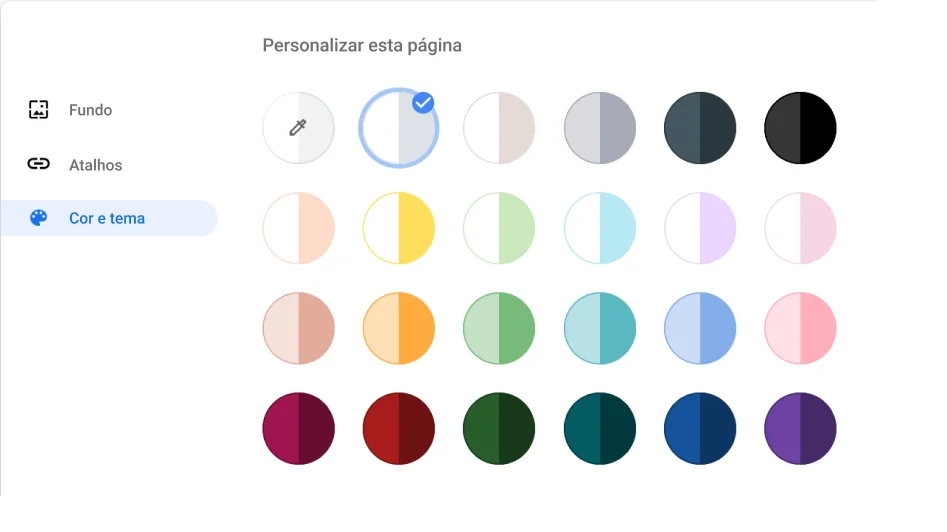 Janela das definições do navegador Chrome a mostrar a caixa de diálogo Cor e tema.